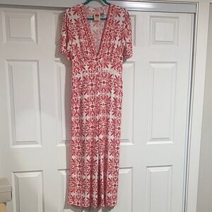 Anthropologie FARMRIO Linen Blend Red and White Patterned Jumpsuit